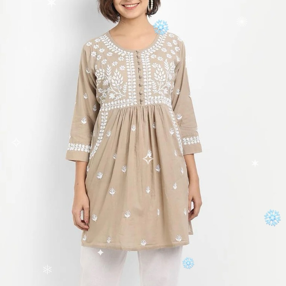Hand Embroidered Boho Tunic Kurti Top 3/4 Sleeve Moshi Chikankari  Size 40 (M)